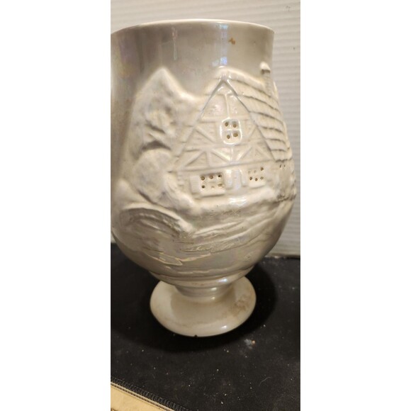 Vintage Iridescent Lusterware Vase – Cottage Scene Relief 10” Ceramic - Picture 5 of 11